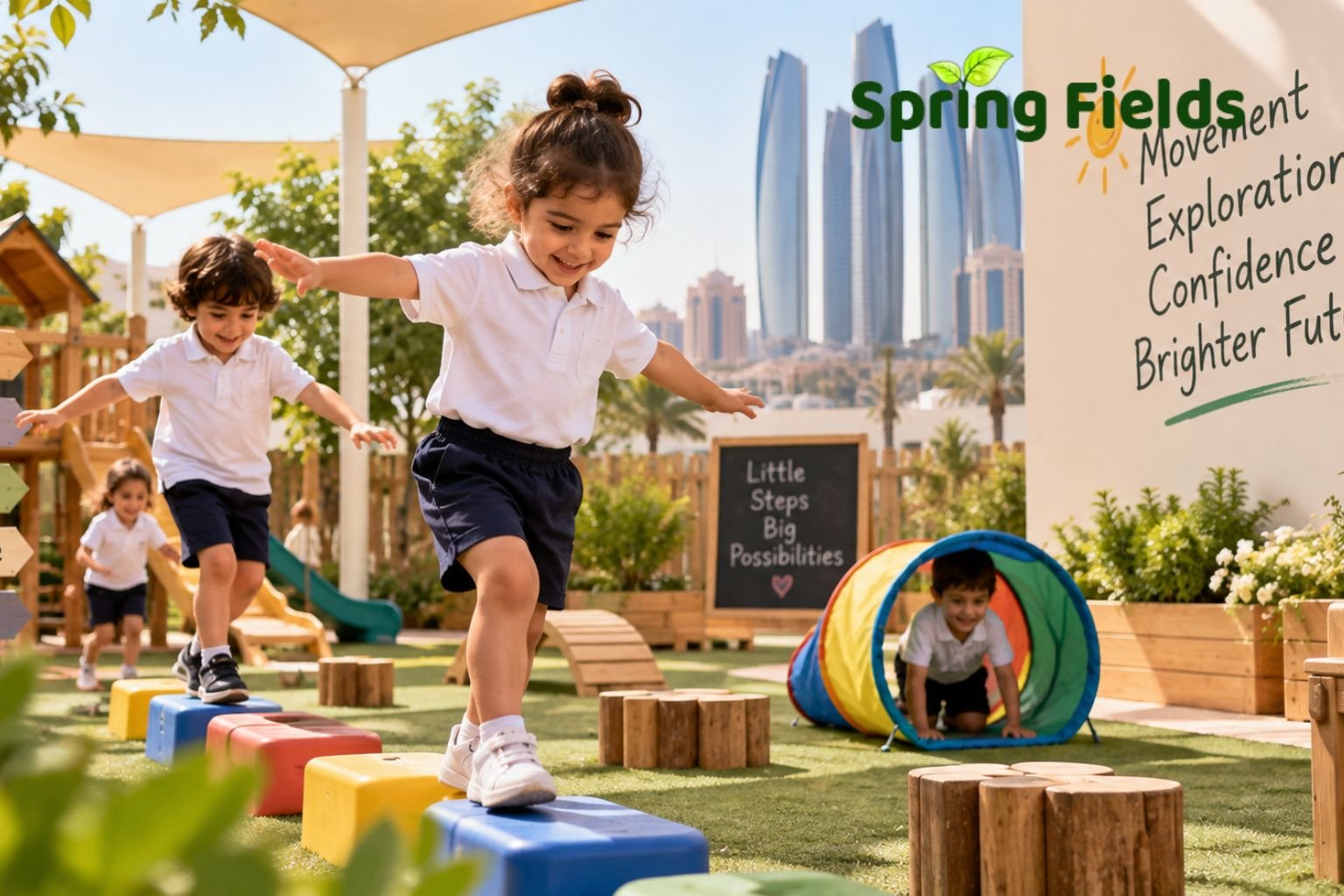 Children taking part in movement-rich learning at a nursery in Abu Dhabi