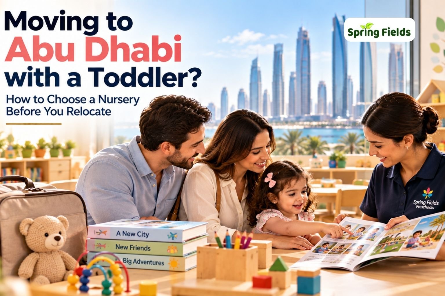 Expat parent and toddler exploring a nursery in Abu Dhabi before enrolment