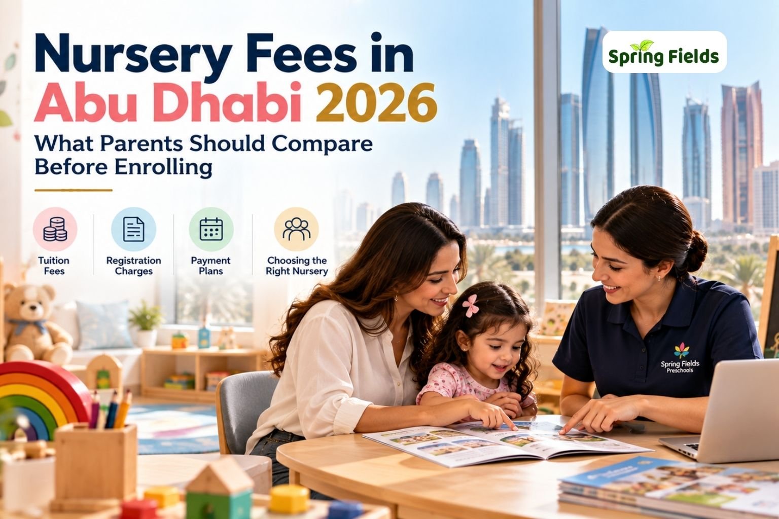 Parents comparing nursery fees Abu Dhabi 2026 before enrolling their child