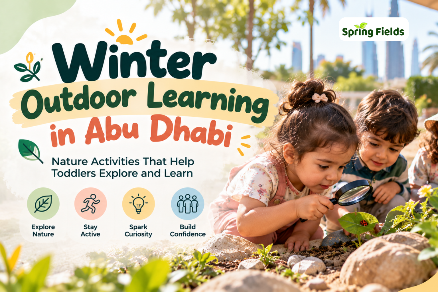 Toddlers exploring nature during outdoor learning at a nursery in Abu Dhabi