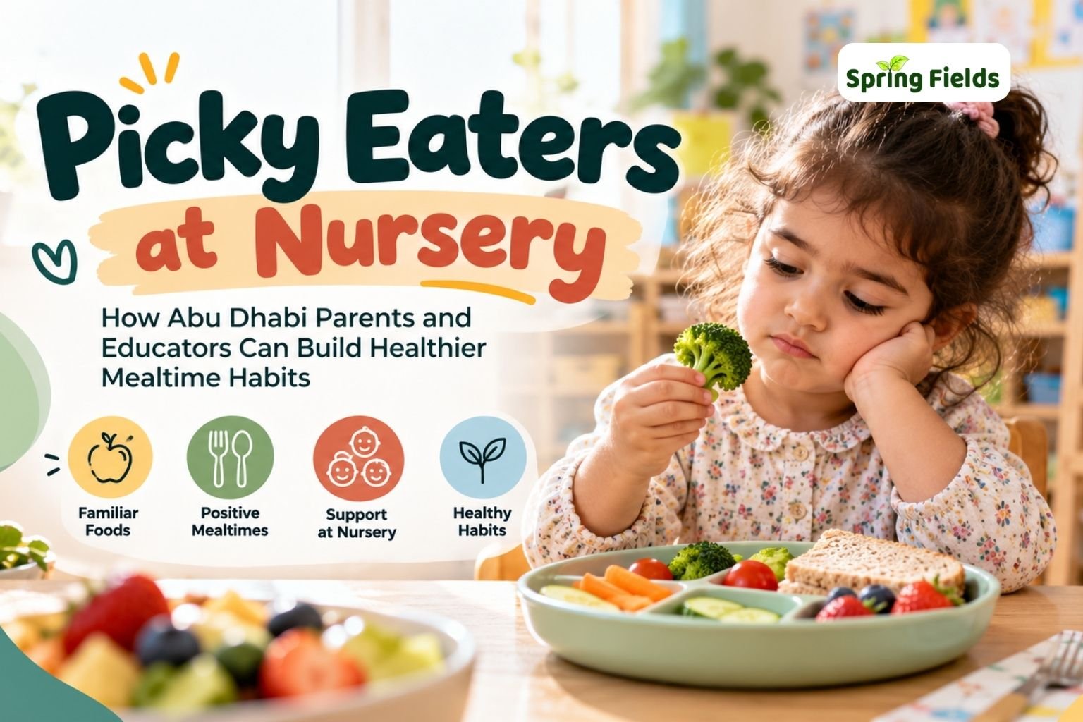 Picky eaters at nursery exploring healthy foods during mealtime